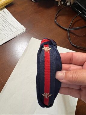Navy Fabric Headband with Central Red Stripe and Gold Embroidery